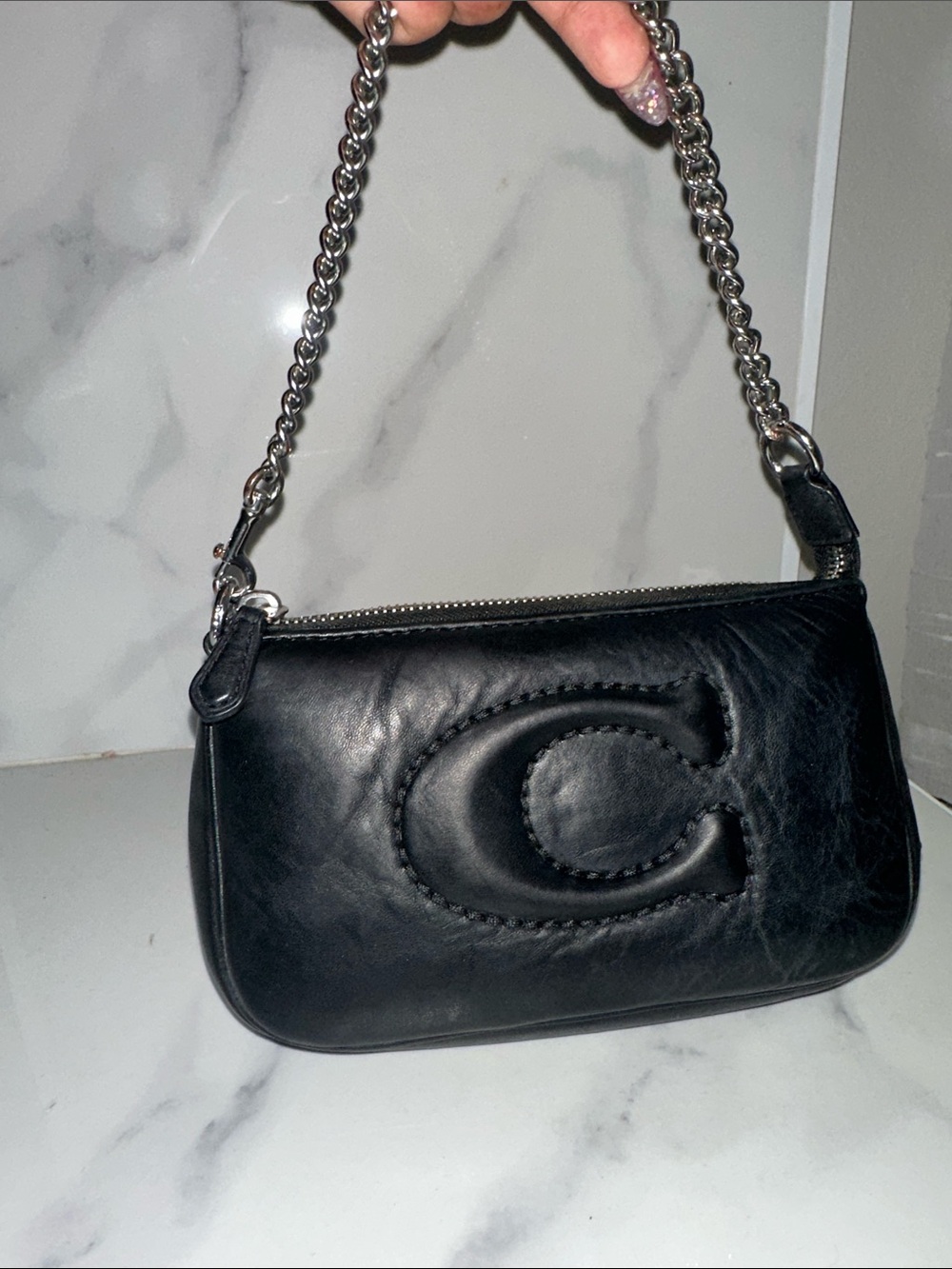 Coach Black Leather Mini Shoulder Bag with Silver Chain